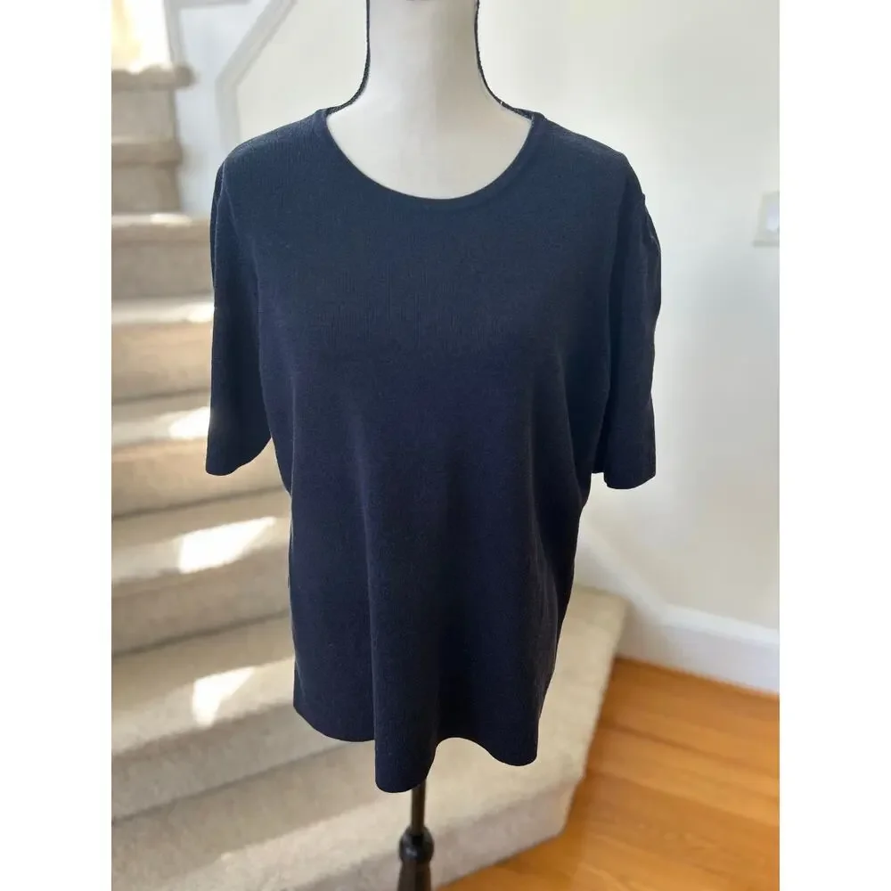 MM LaFleur Choe Navy Blue Crewneck Thick Knit Short Sleeve Top